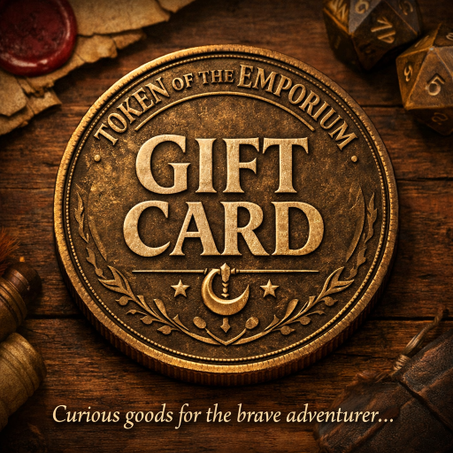 Token of the Emporium gift card on a wooden surface with dice and coins.
